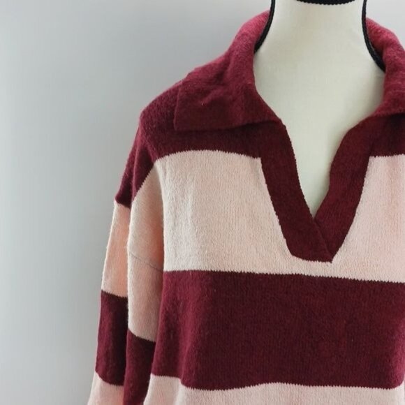 Wild Fable Sweater Maroon Stripe Collared Knit Slouchy Pullover Womens - Picture 3 of 7